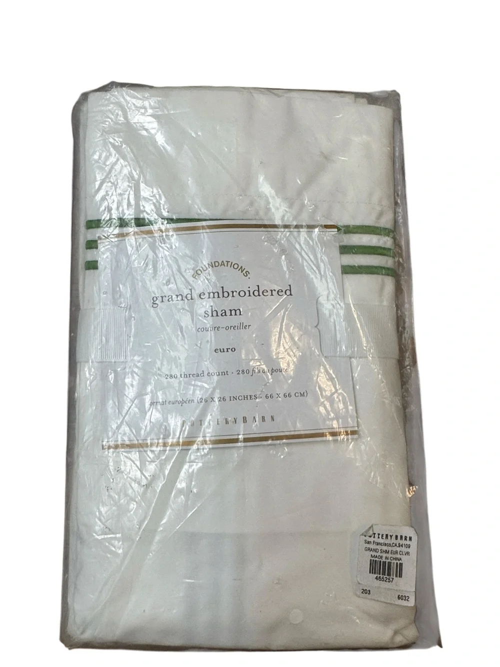 Pottery Barn Grand Embroidered Euro Sham White Green 26x26 New